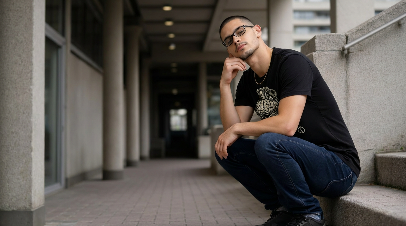 Man in black t-shirt and sunglasses sitting on a staircase in an urban setting