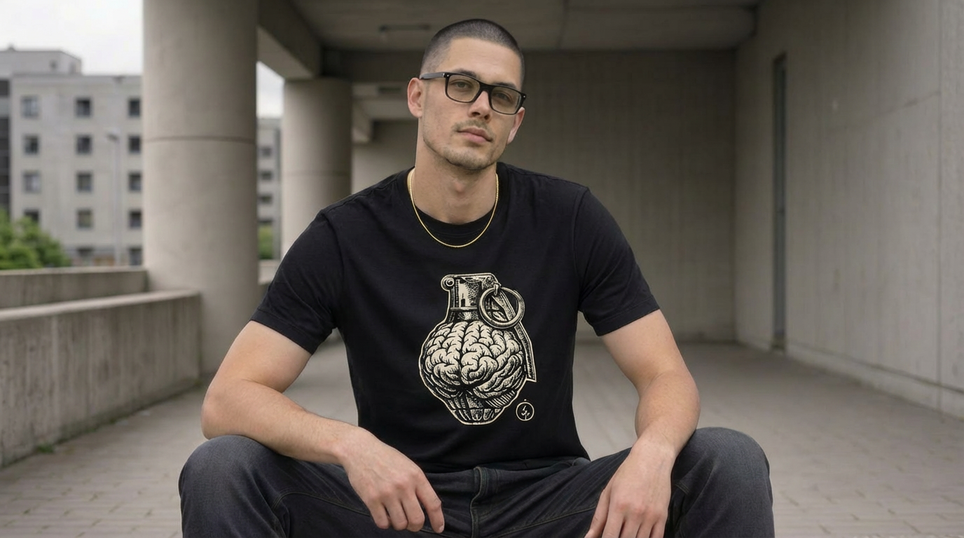 Man wearing a black t-shirt with a graphic design, sitting in an urban setting.
