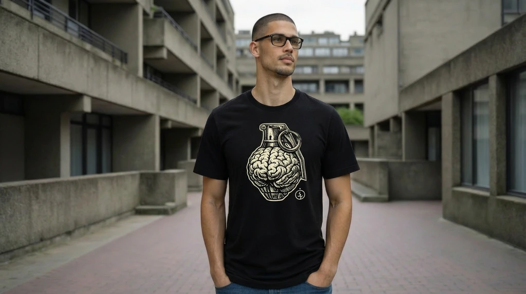Man with glasses and close cropped hair wearing a black t-shirt with a graphic brain granade design in an urban setting