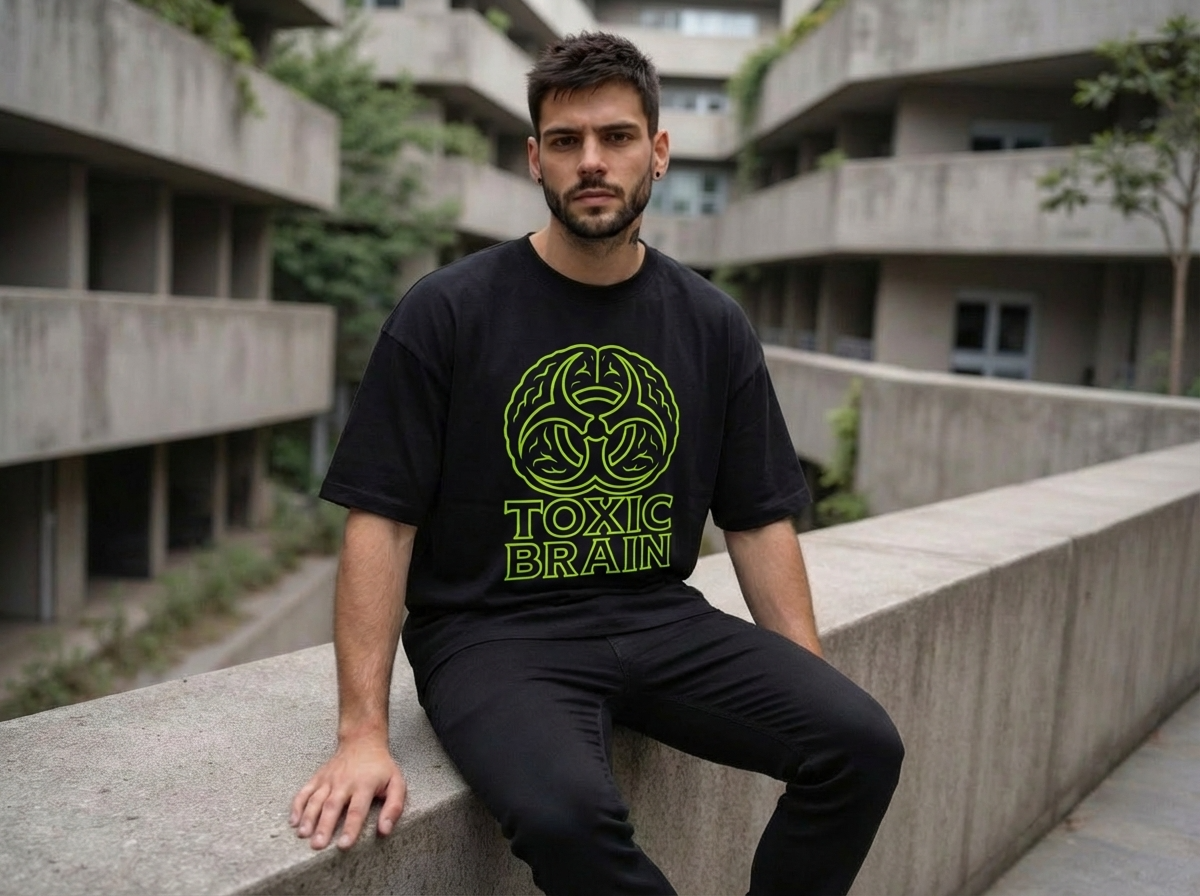 Man wearing a black t-shirt with 'Toxic Brain' design sitting on a concrete ledge.
