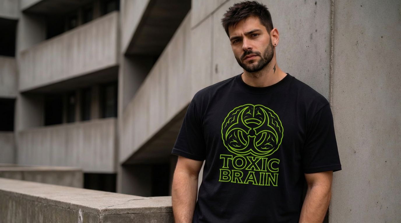 Man wearing a black t-shirt with 'Toxic Brain' design against a concrete building background