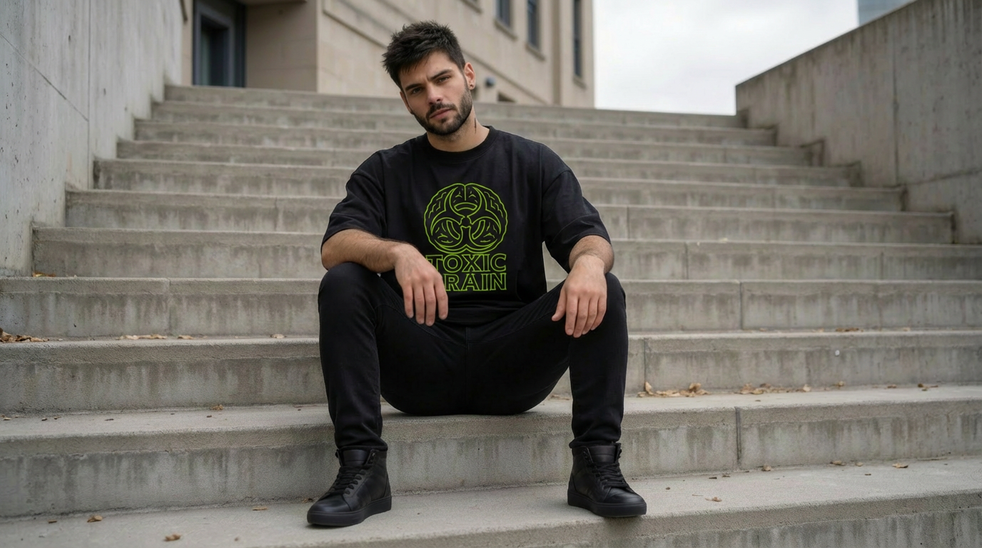 Man sitting on concrete steps wearing a black sweatshirt with a green graphic design.