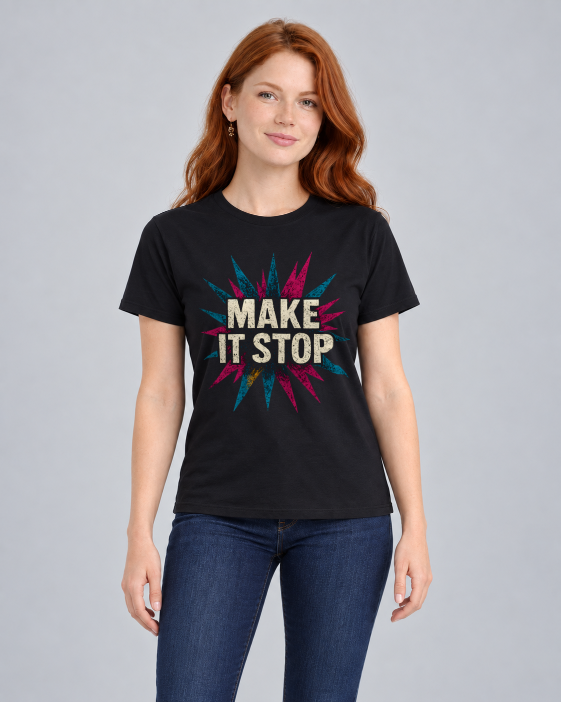 Make It Stop T-shirt in Black, front view on FM1