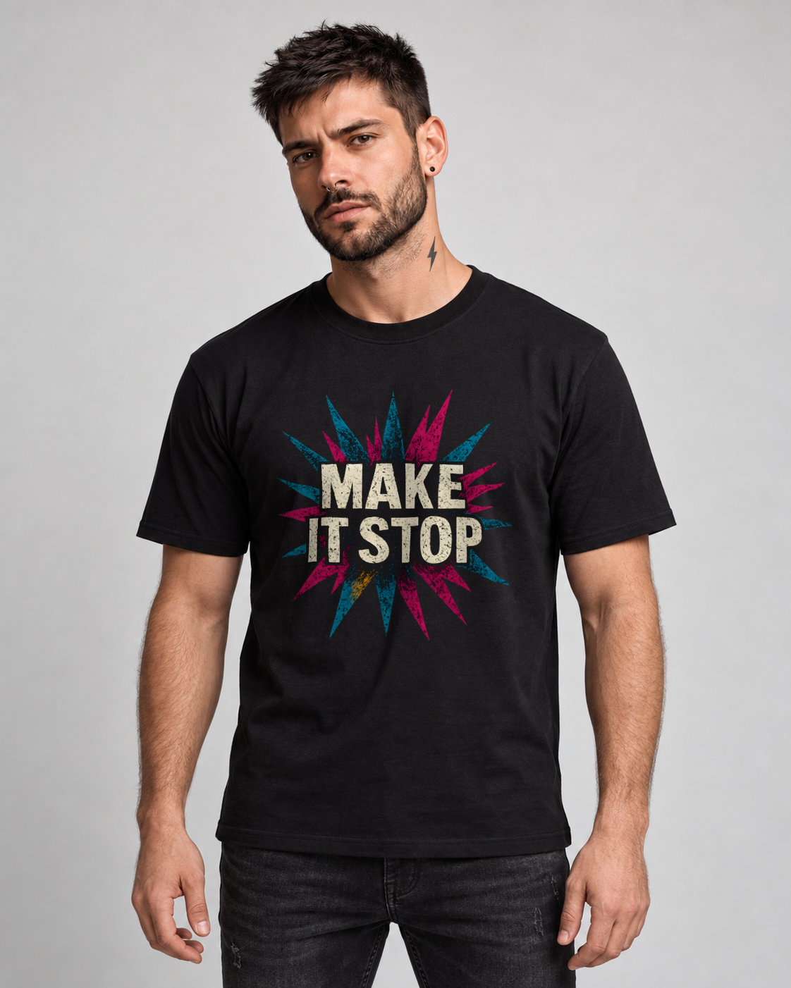 Make It Stop T-shirt in Black, front view on MM2