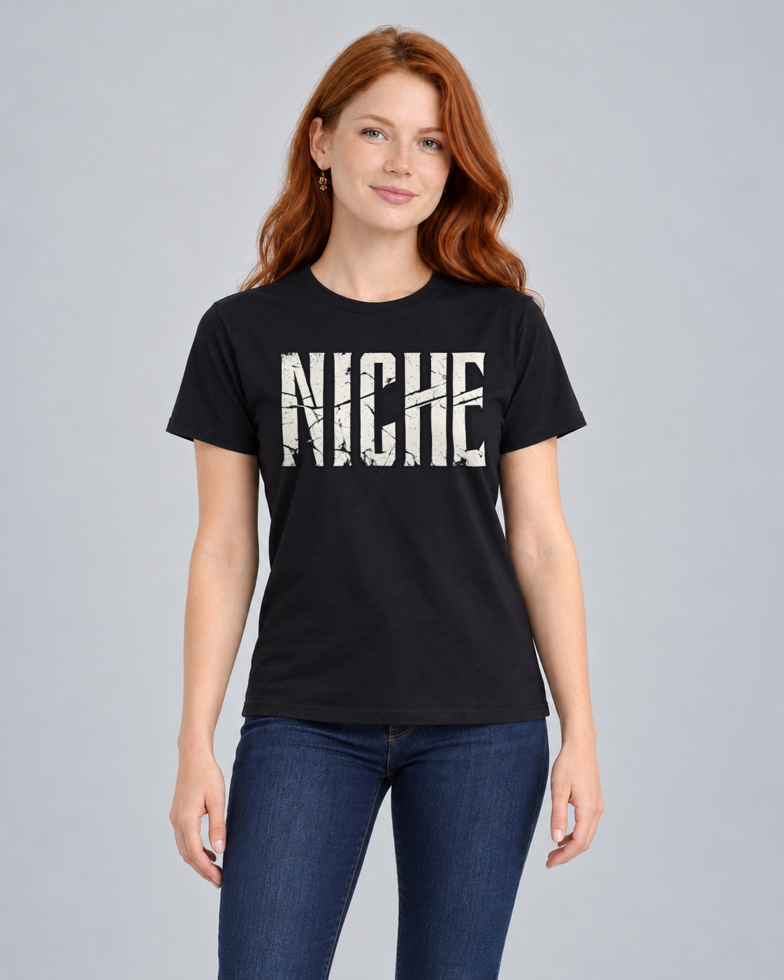Niche T-shirt in Black, front view on FM1