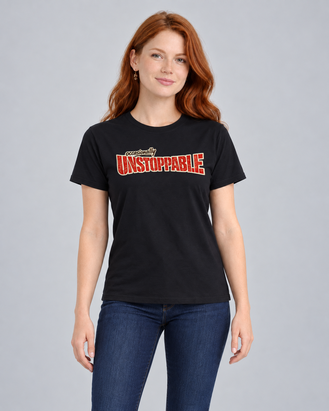 Occasionally Unstoppable T-shirt in Black, front view on FM1