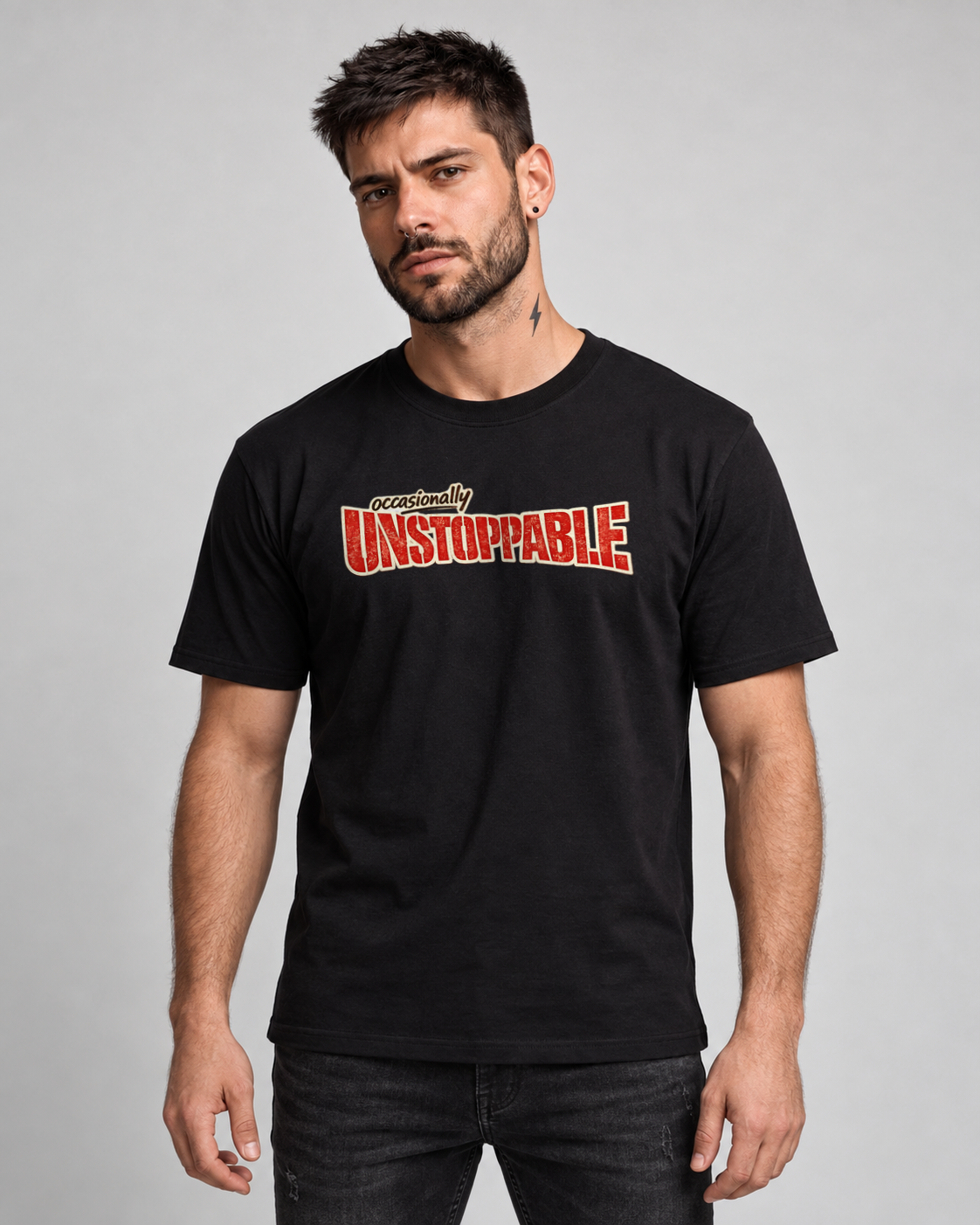 Occasionally Unstoppable T-shirt in Black, front view on MM2