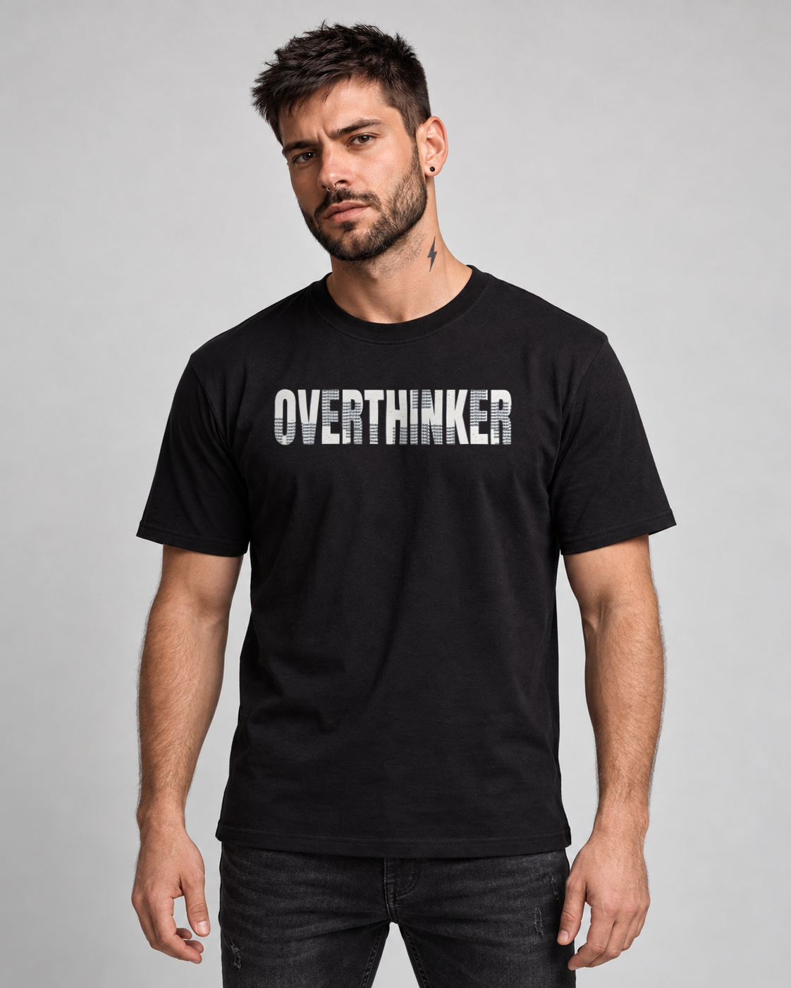 Overthinker T-shirt in Black, front view on MM2