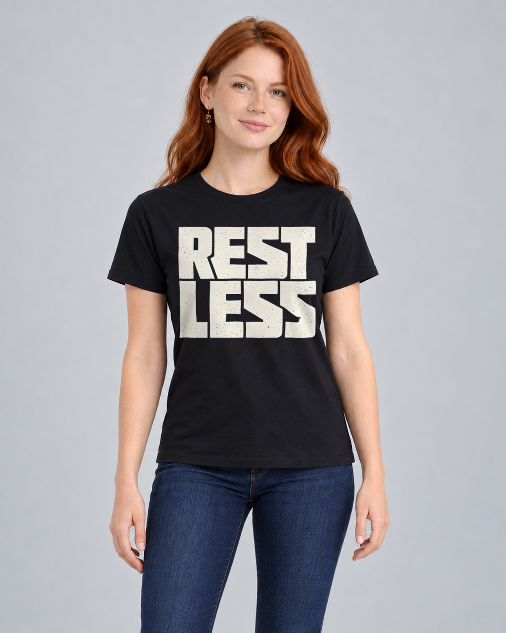 Rest Less T-shirt in Black, front view on FM1