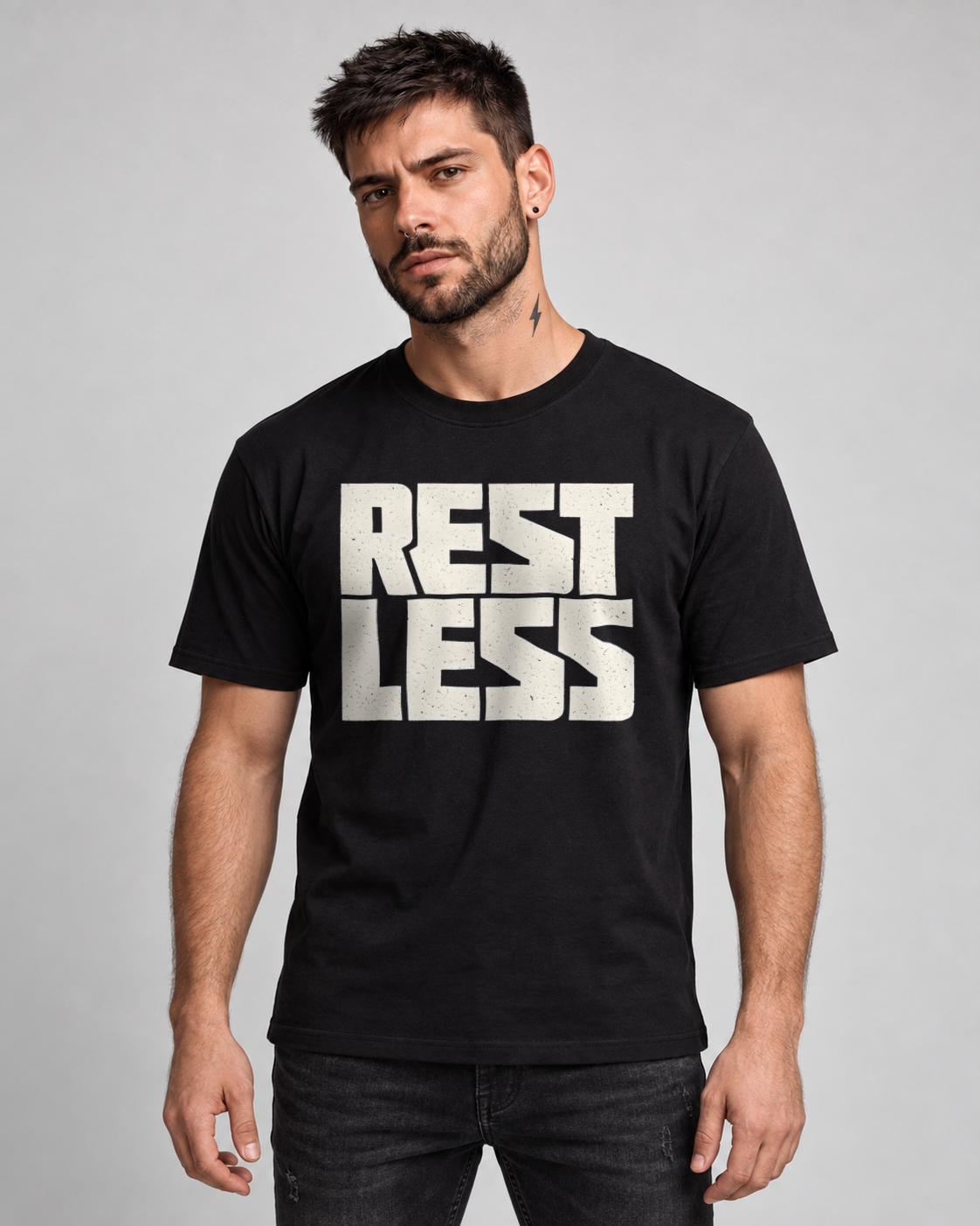 Rest Less T-shirt in Black, front view on MM2