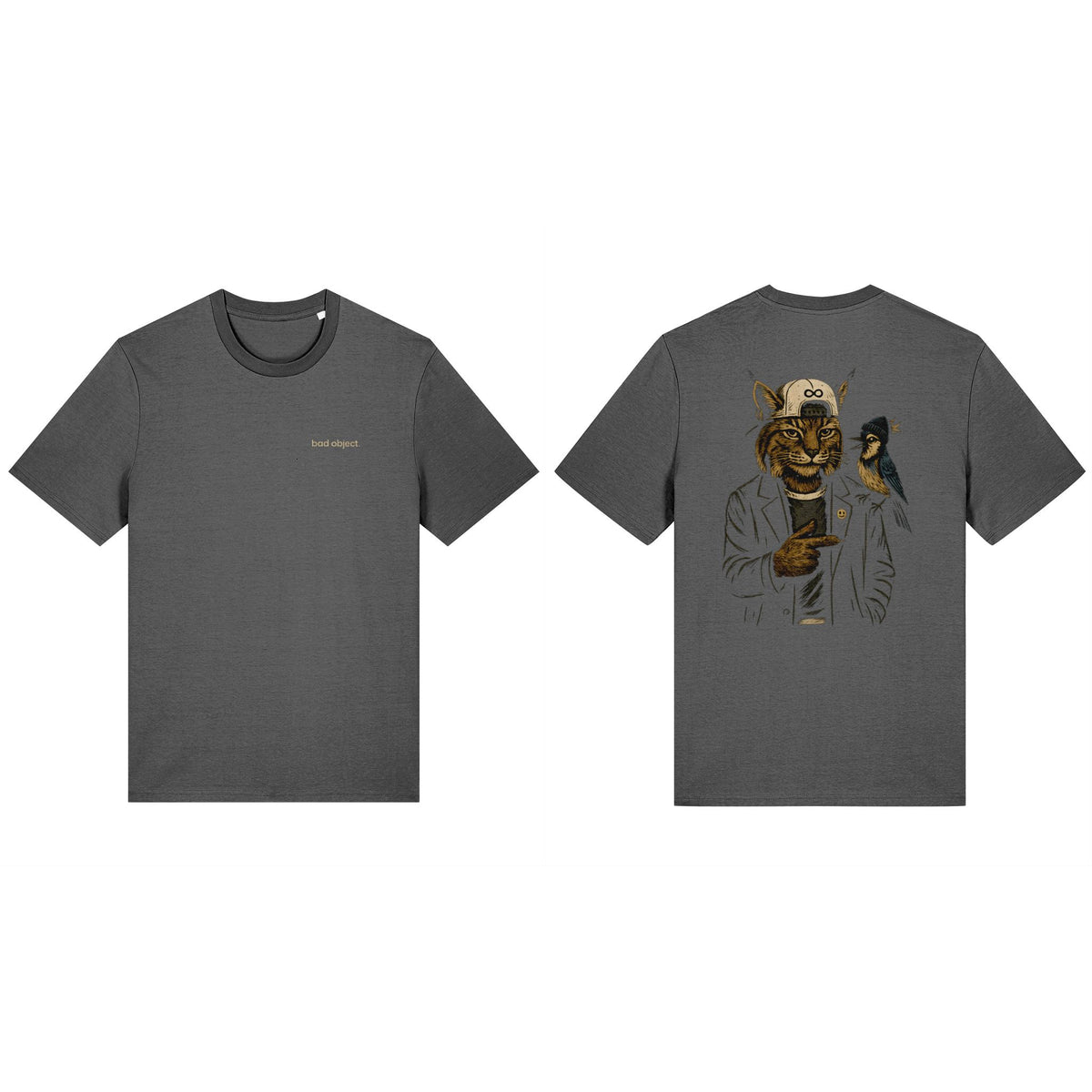 Silent Bobcat & Jay Anthracite Classic T-shirt, front and back views showing both original print designs