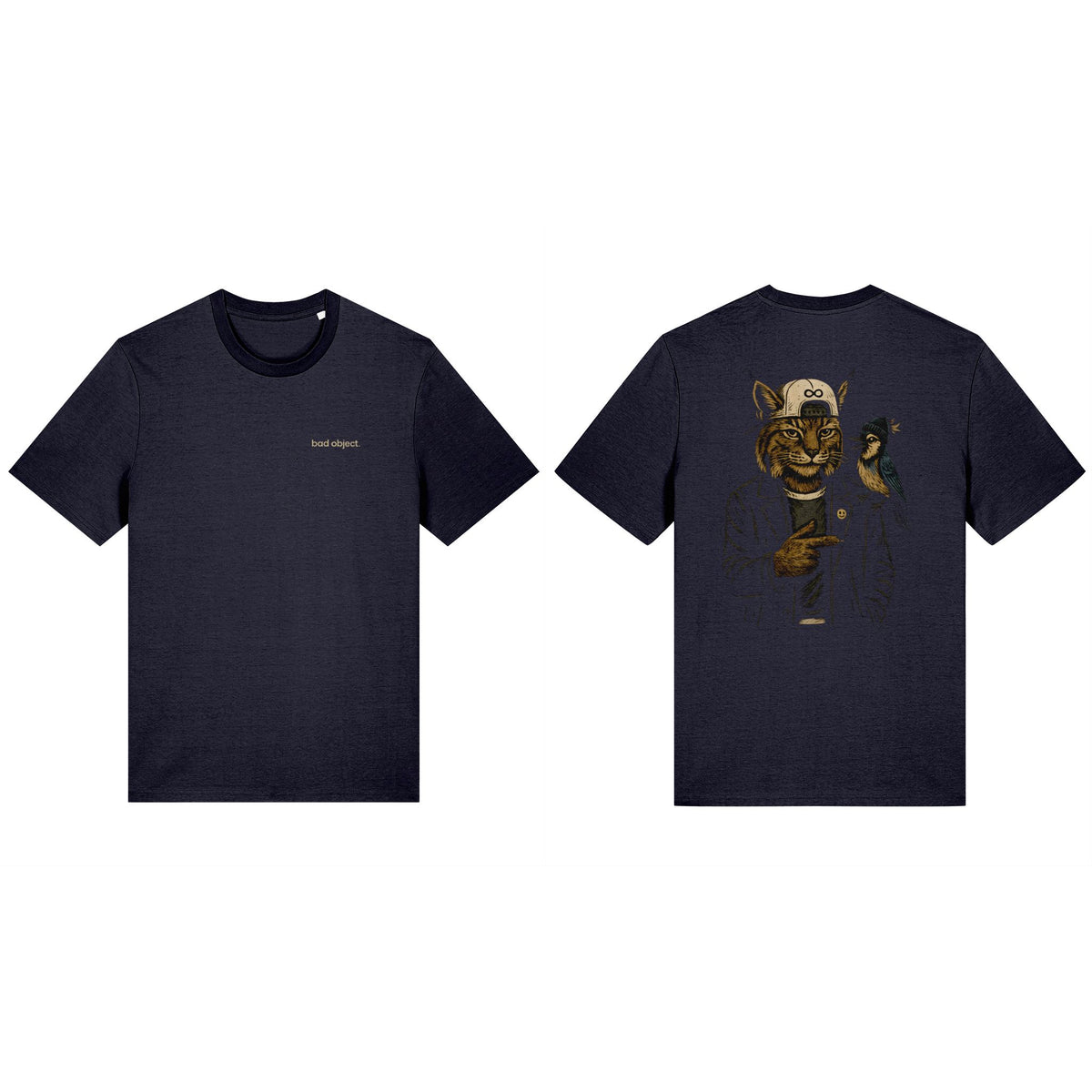 Silent Bobcat & Jay French Navy Classic T-shirt, front and back views showing both original print designs