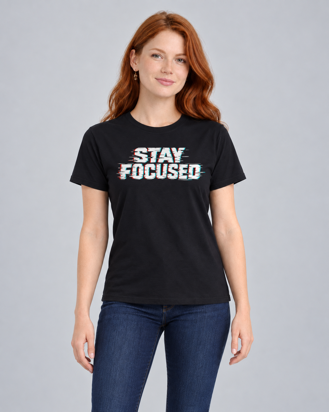 Stay Focused T-shirt in Black, front view on FM1