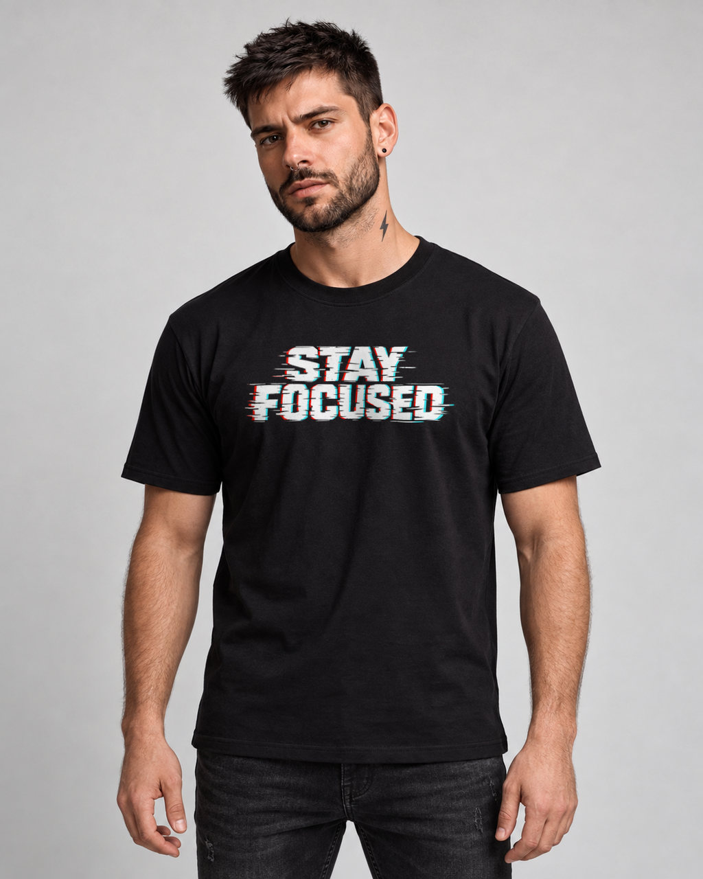 Stay Focused T-shirt in Black, front view on MM2