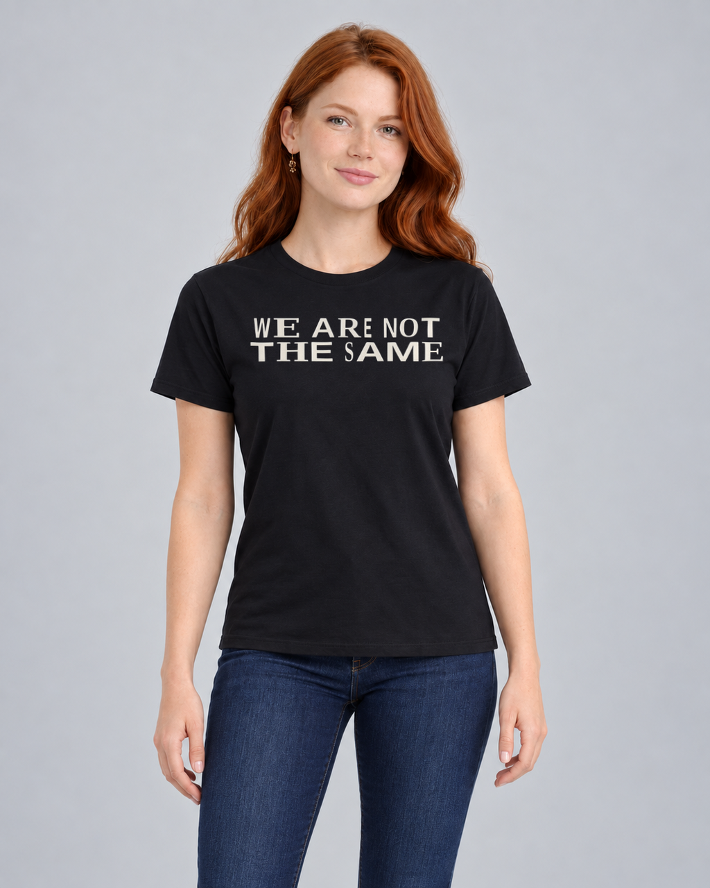 We Are Not the Same T-shirt in Black, front view on FM1