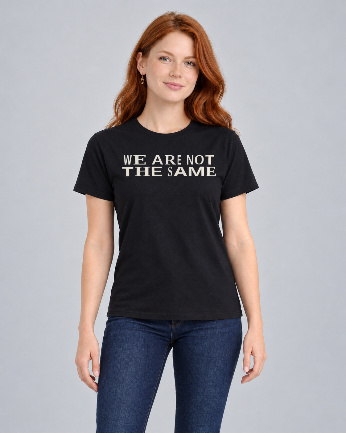 We Are Not the Same T-shirt in Black, front view on FM1
