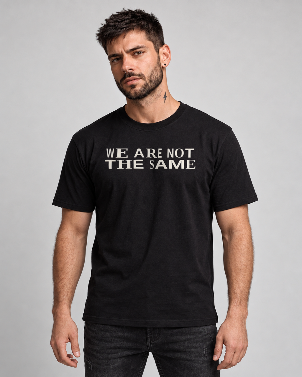 We Are Not the Same T-shirt in Black, front view on MM2