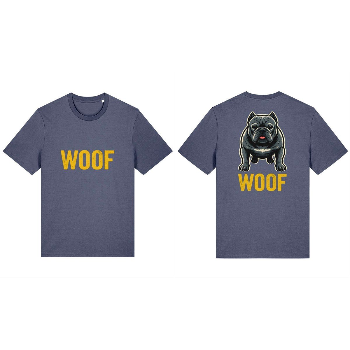Woof Blue Grey Classic T-shirt, front and back views showing both original print designs