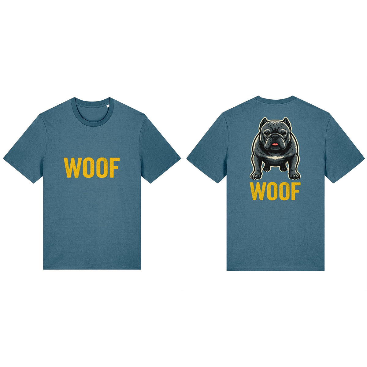 Woof Stargazer Classic T-shirt, front and back views showing both original print designs