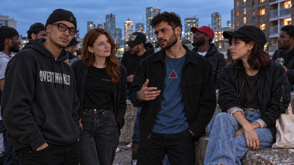 Bad Object friends at an East London estate at dusk, wearing a Symbol beanie and baseball cap.