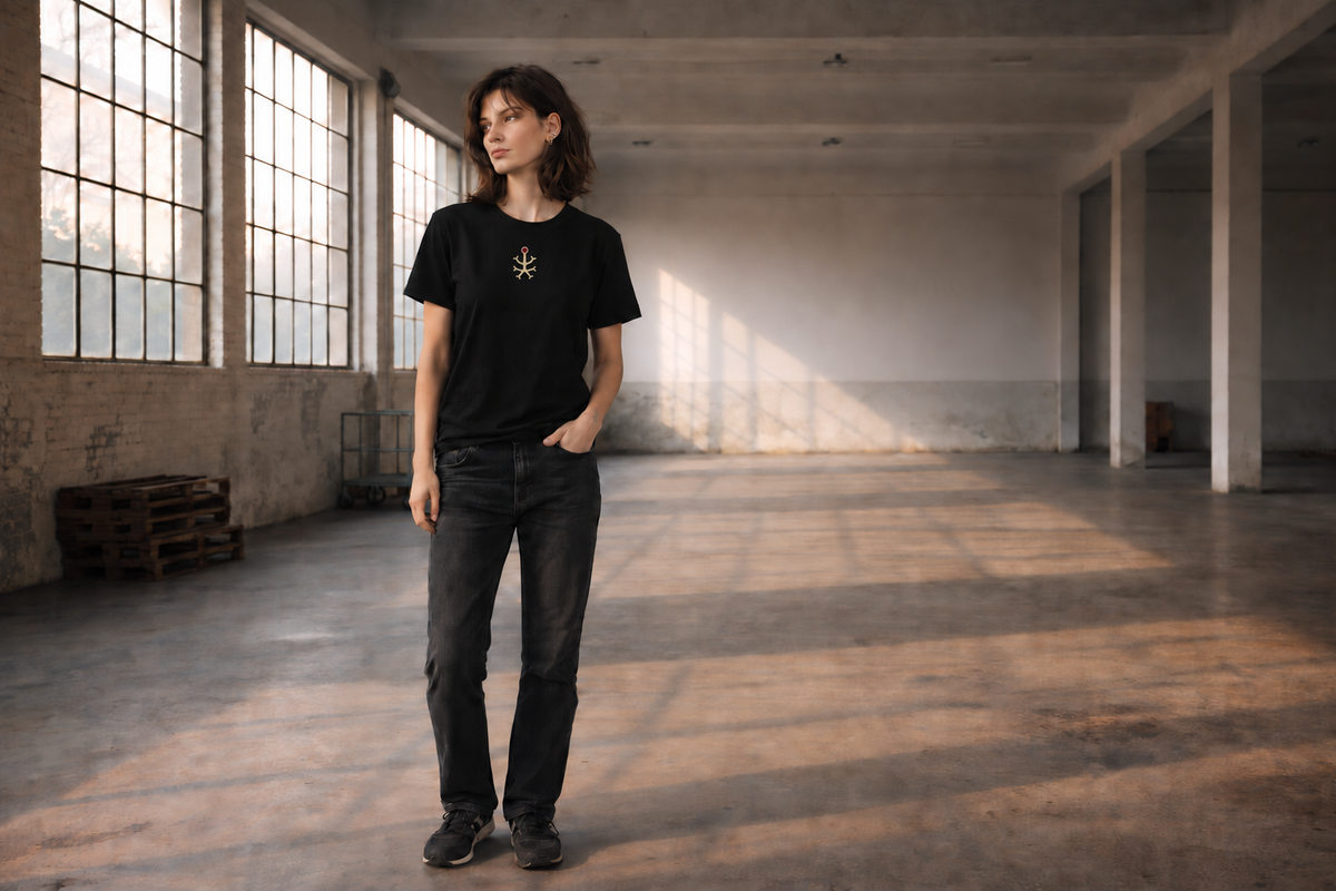 Dendrite Core T-shirt in black, worn by a standing model in a sunlit warehouse.