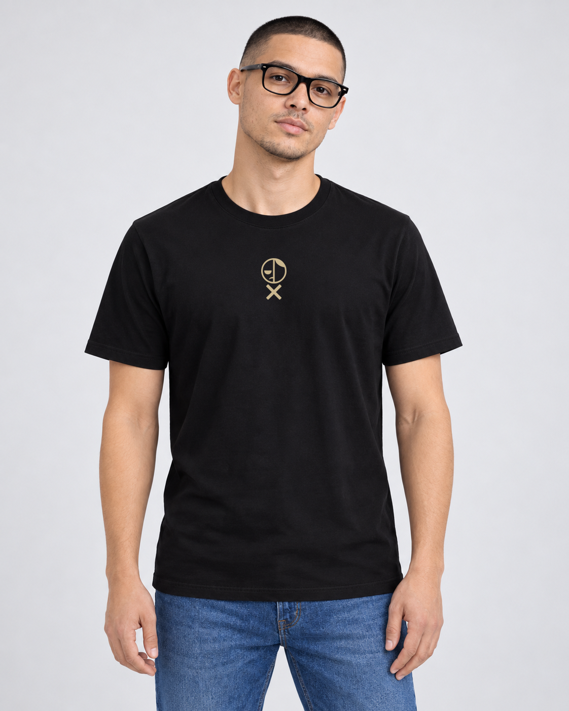 Mask on MM1 in Black. Illustrative model mockup using the locked vector artwork and high-centre placement.