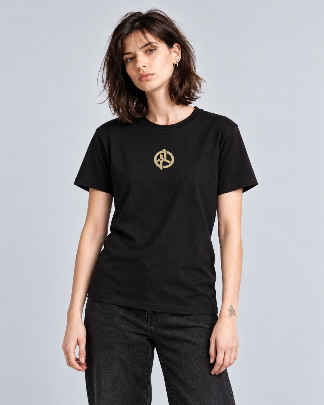 Object 001 on FM2 in Black. Illustrative model mockup using the locked vector artwork and high-centre placement.