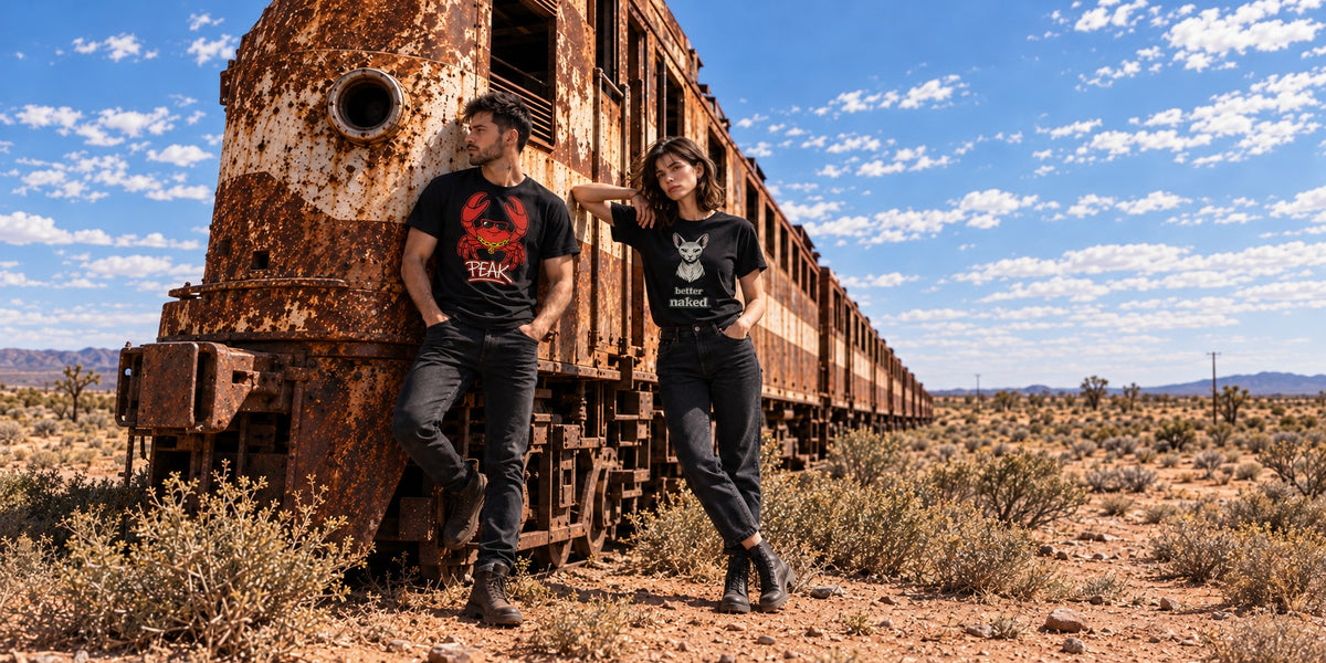 Creature collection wide hero 3: MM2 wearing PEAK and FM2 wearing Better Naked beside the desert locomotive.