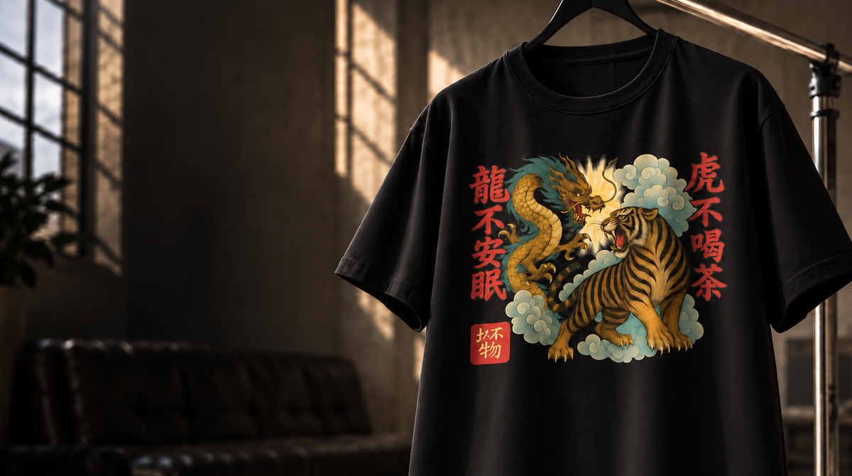 Black graphic T-shirt hanging in warm studio light with smooth cotton fabric