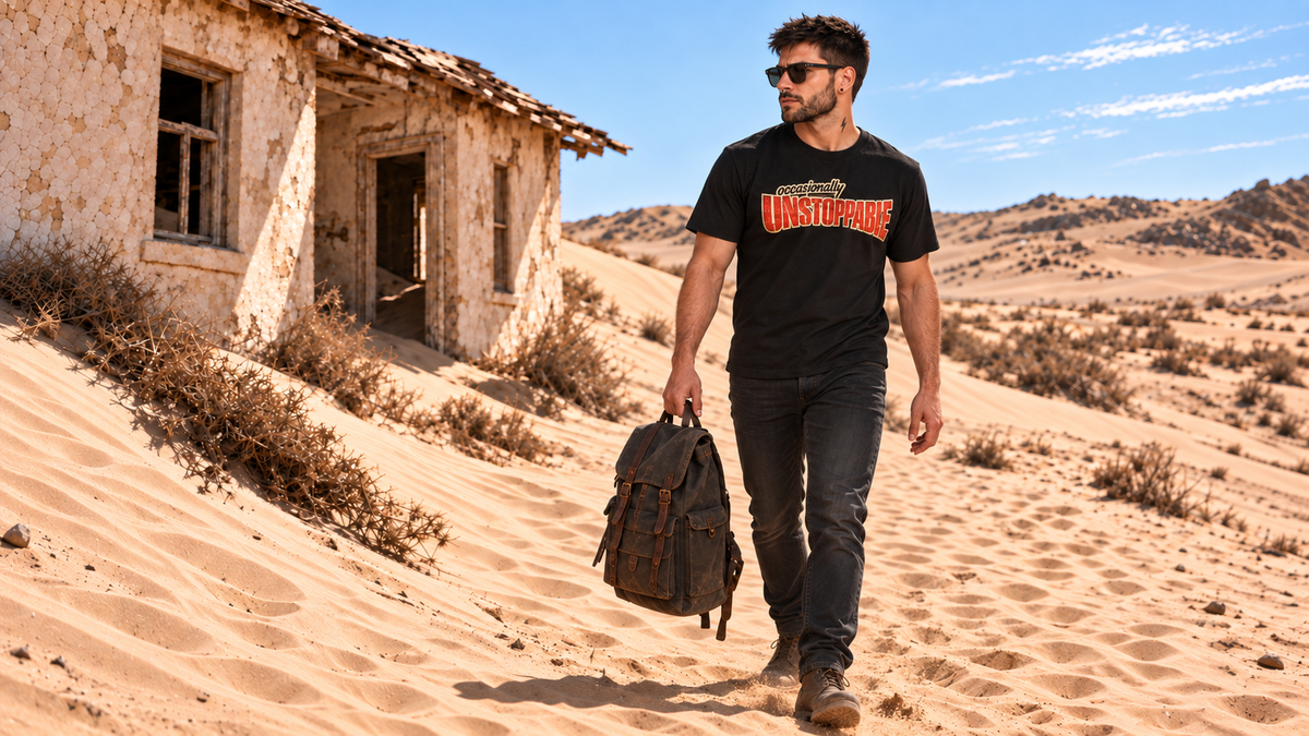 Occasionally Unstoppable graphic tee worn with sunglasses and a canvas bag in the Namibia dunes.