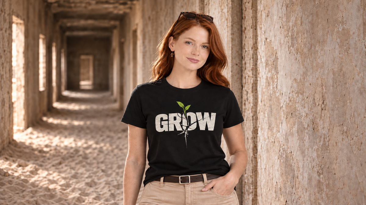 Grow graphic tee in a sand-filled Namibia corridor.