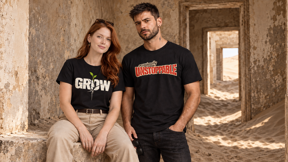 Grow and Occasionally Unstoppable tees together in a Namibia building.