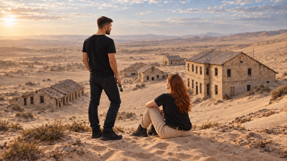 Two explorers overlooking the Namibia dunes and abandoned buildings.