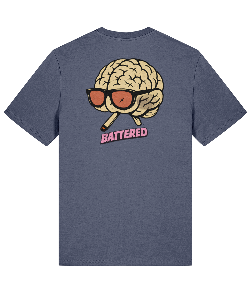 Battered Brain on a Blue Grey Stanley/Stella Creator 2.0 Classic T-shirt, back print view
