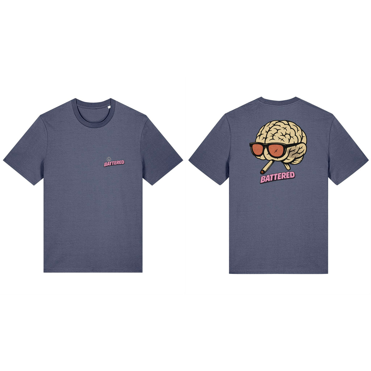 battered brain Blue Grey Classic T-shirt, combined front and back views showing both unchanged original print designs