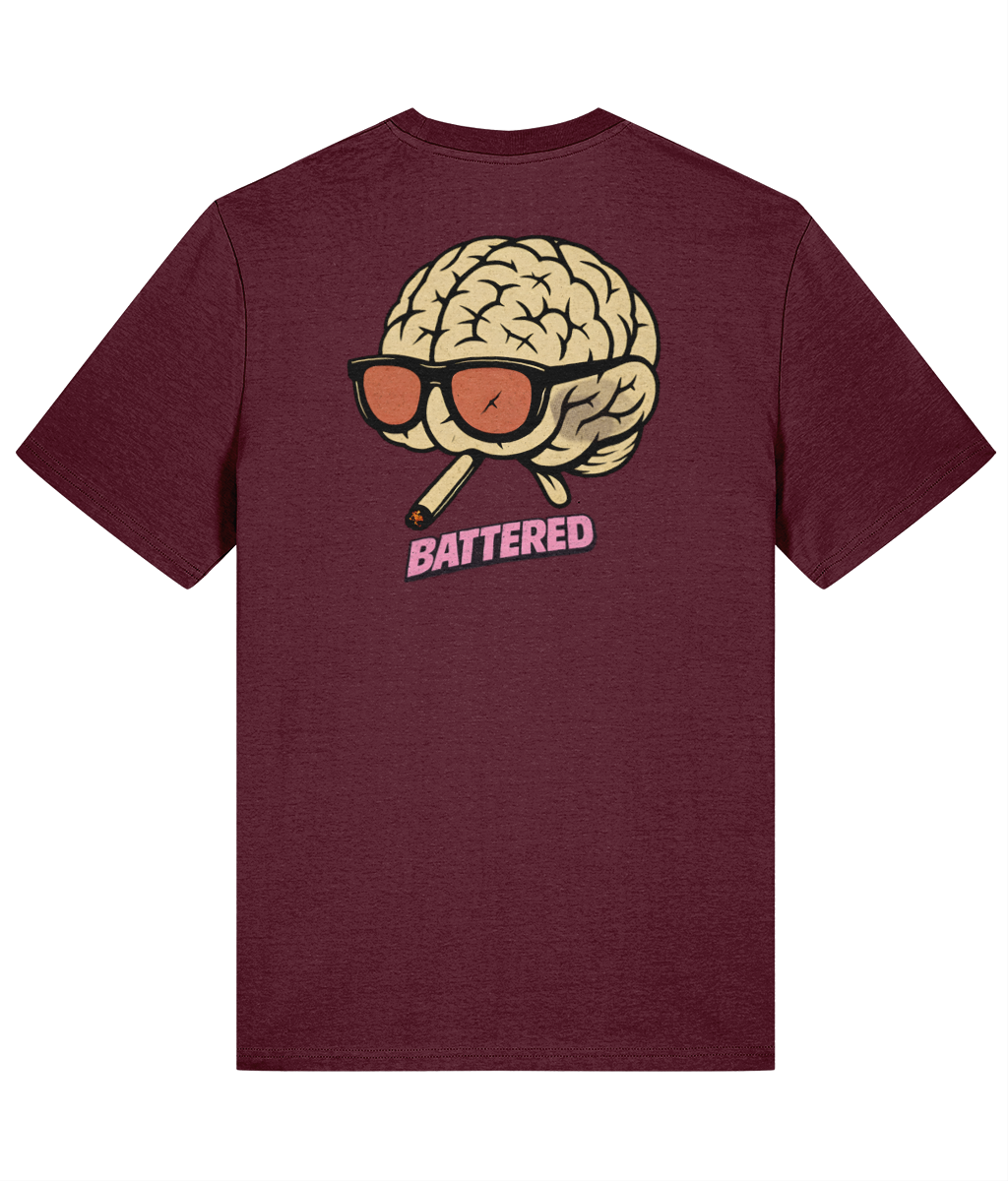 Battered Brain on a Deep Plum Stanley/Stella Creator 2.0 Classic T-shirt, back print view