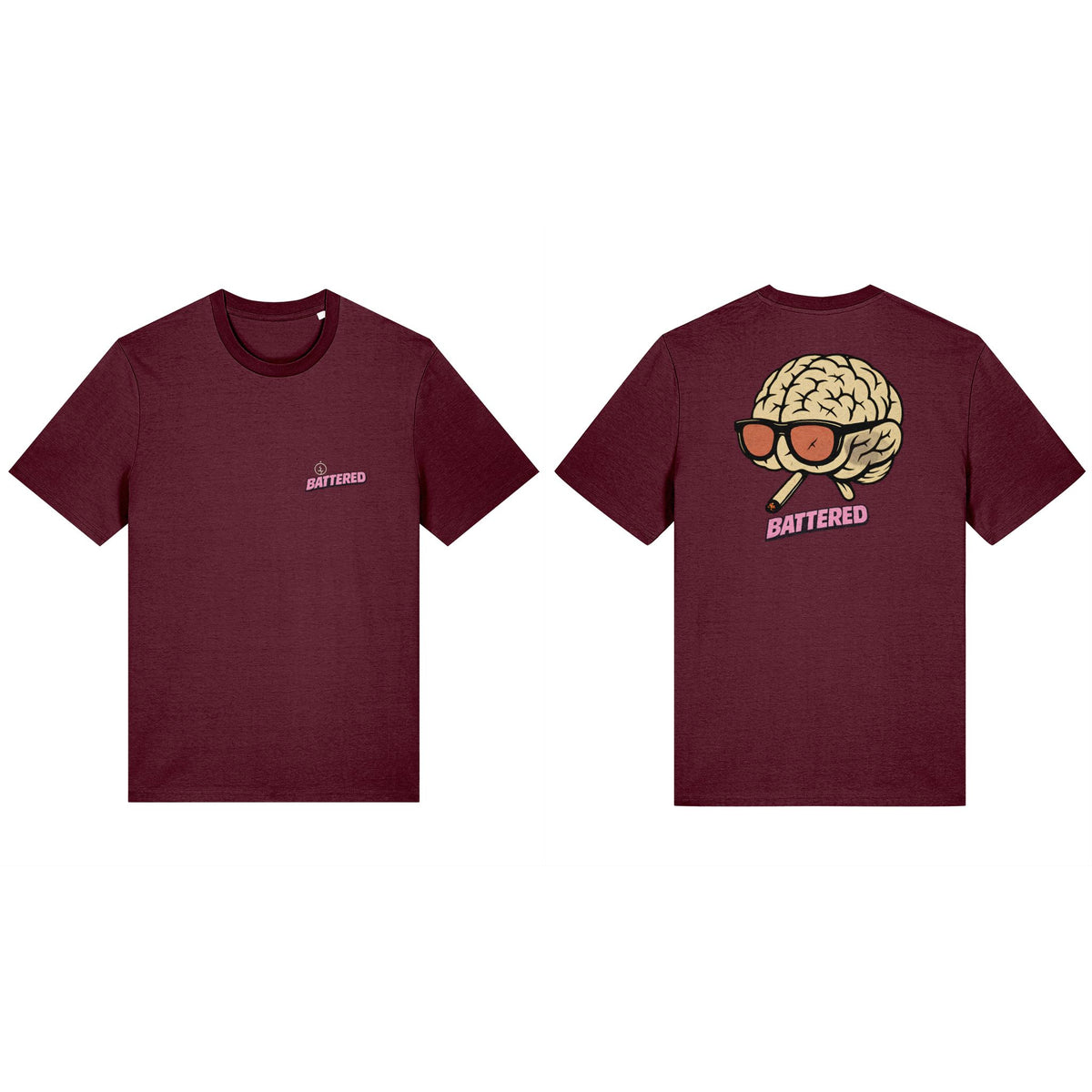 battered brain Deep Plum Classic T-shirt, combined front and back views showing both unchanged original print designs