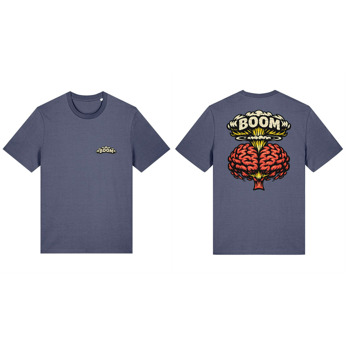 boom brain Blue Grey Classic T-shirt, combined front and back views showing both unchanged original print designs