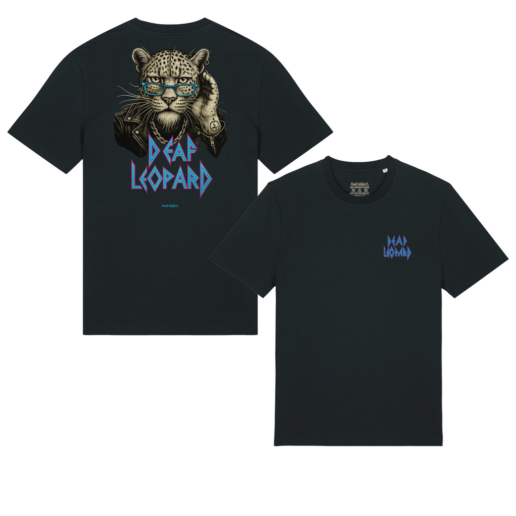 Deaf Leopard black Classic T-shirt, front chest print and large back artwork with cyan bad object. signature