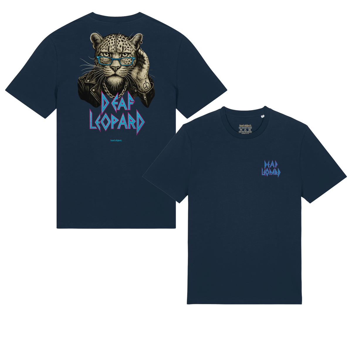 Deaf Leopard French Navy Classic T-shirt, front chest print and signed back artwork
