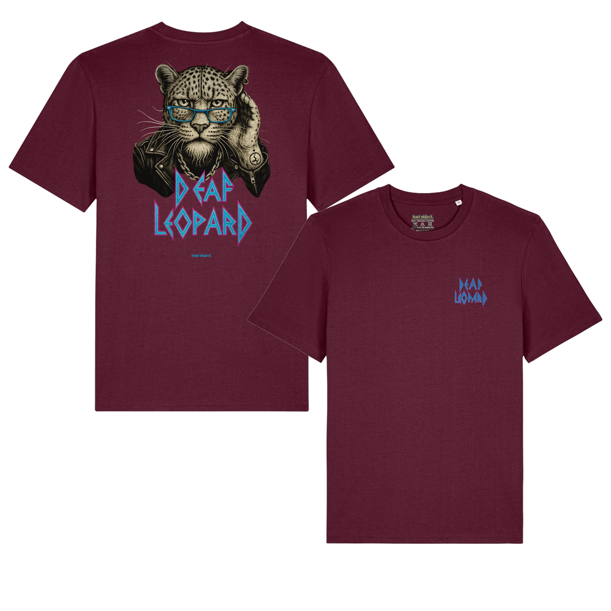 Deaf Leopard Deep Plum Classic T-shirt, front chest print and signed back artwork