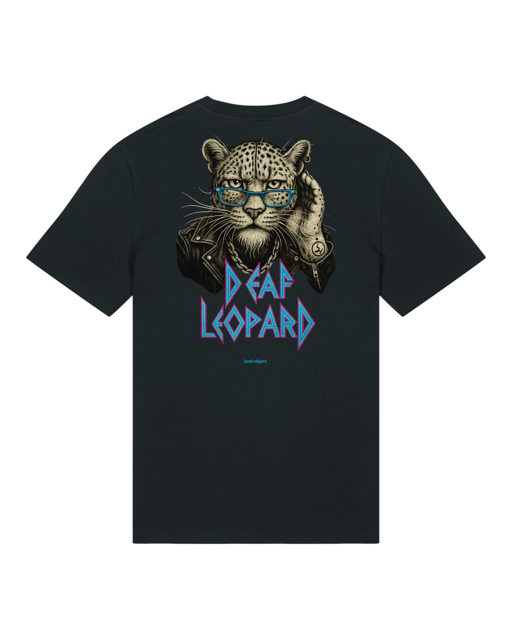 Deaf Leopard black Classic T-shirt, back flat lay with large leopard artwork and cyan bad object. signature