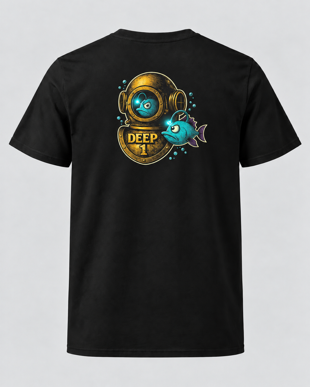 Deep 1 Black classic T-shirt, back flat lay showing the large diving helmet and fish print.