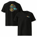 Deep 1 Black classic T-shirt, front and back views showing the small left-chest print and large diving helmet and fish back print.