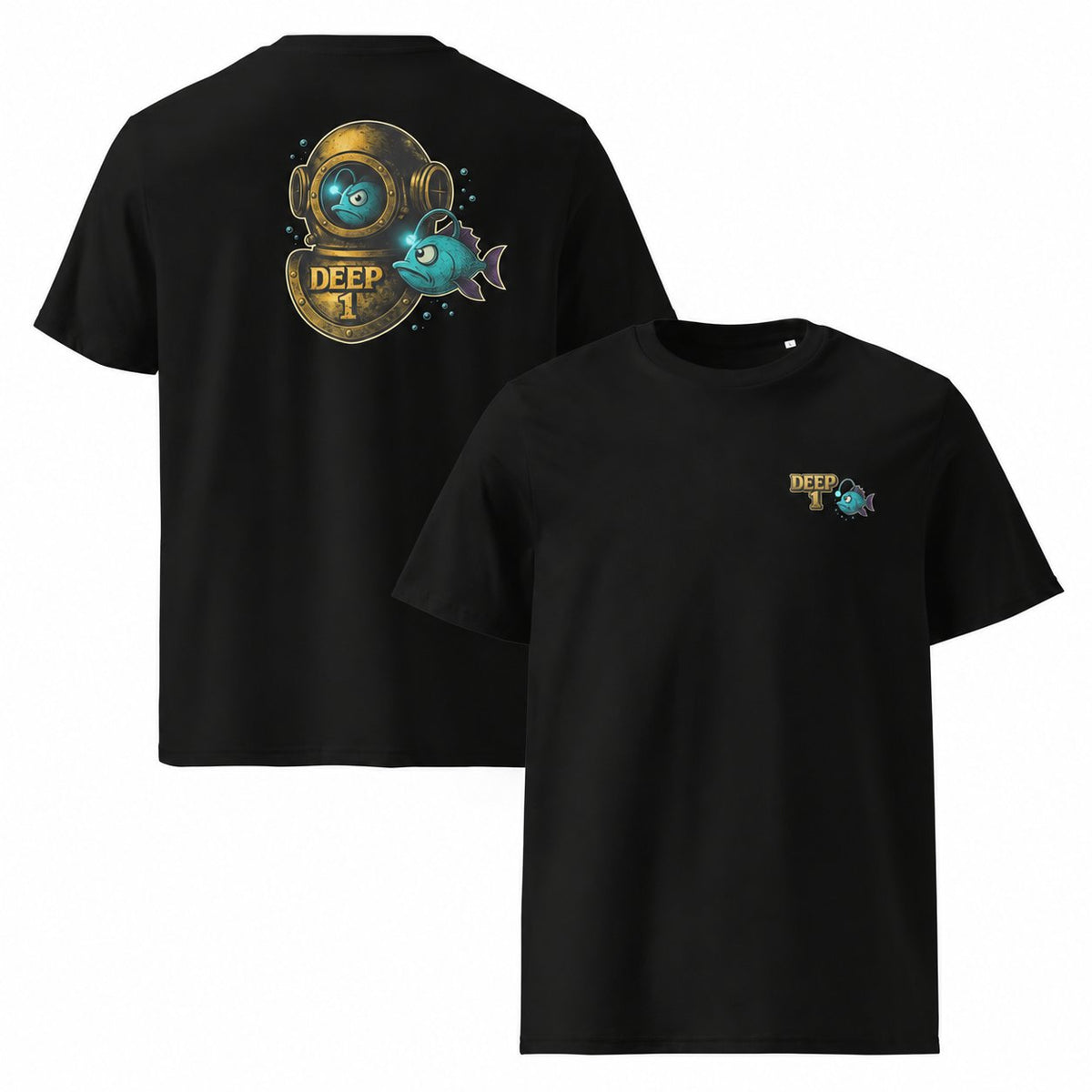 Deep 1 Black classic T-shirt, front and back views showing the small left-chest print and large diving helmet and fish back print.