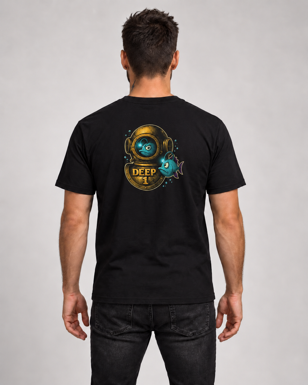 Deep 1 Black classic T-shirt on a male model, back view with the diving helmet and fish print.