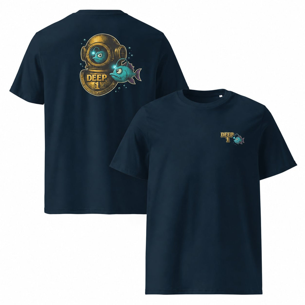 Deep 1 French Navy classic T-shirt, front and back views showing the small left-chest print and large diving helmet and fish back print.