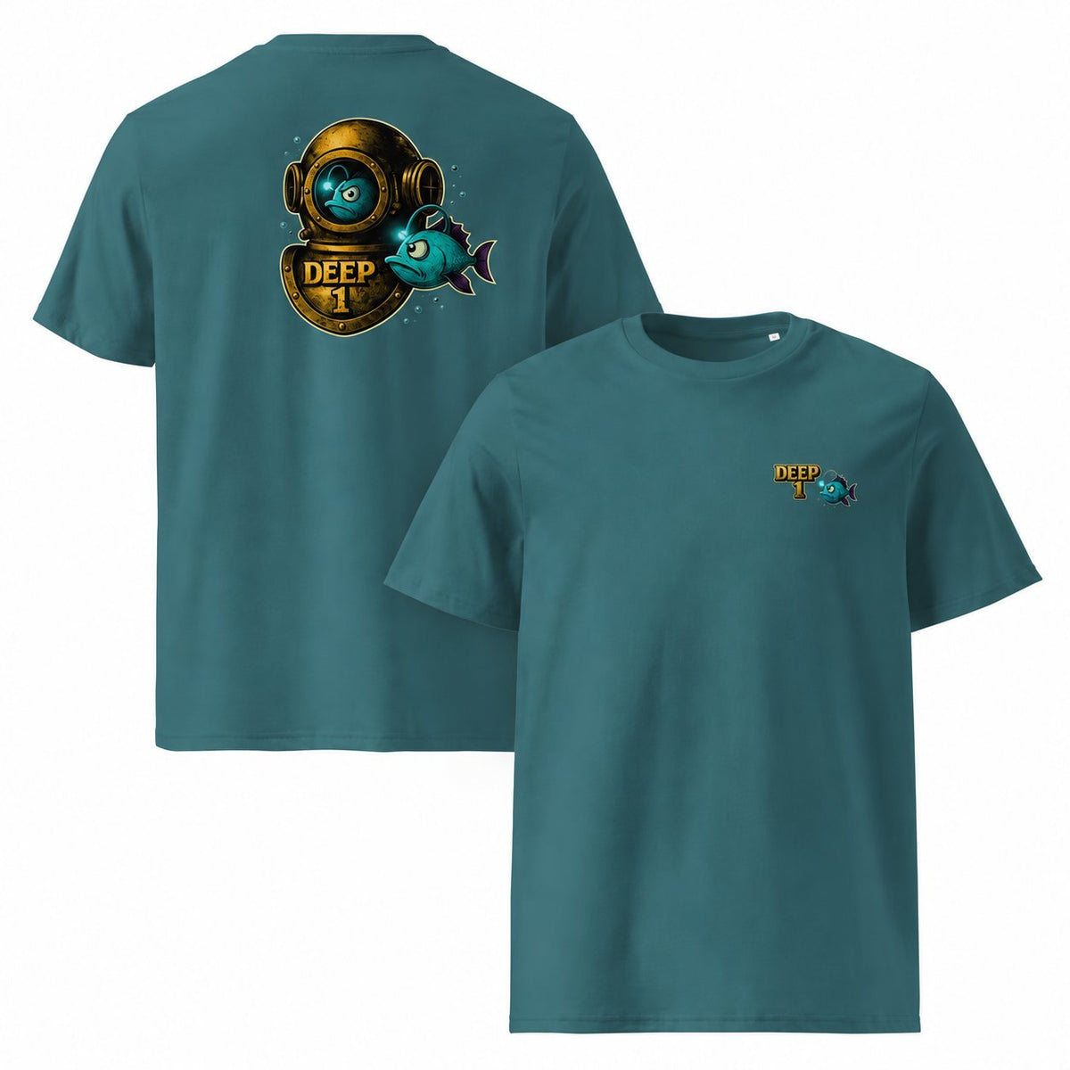Deep 1 Stargazer classic T-shirt, front and back views showing the small left-chest print and large diving helmet and fish back print.