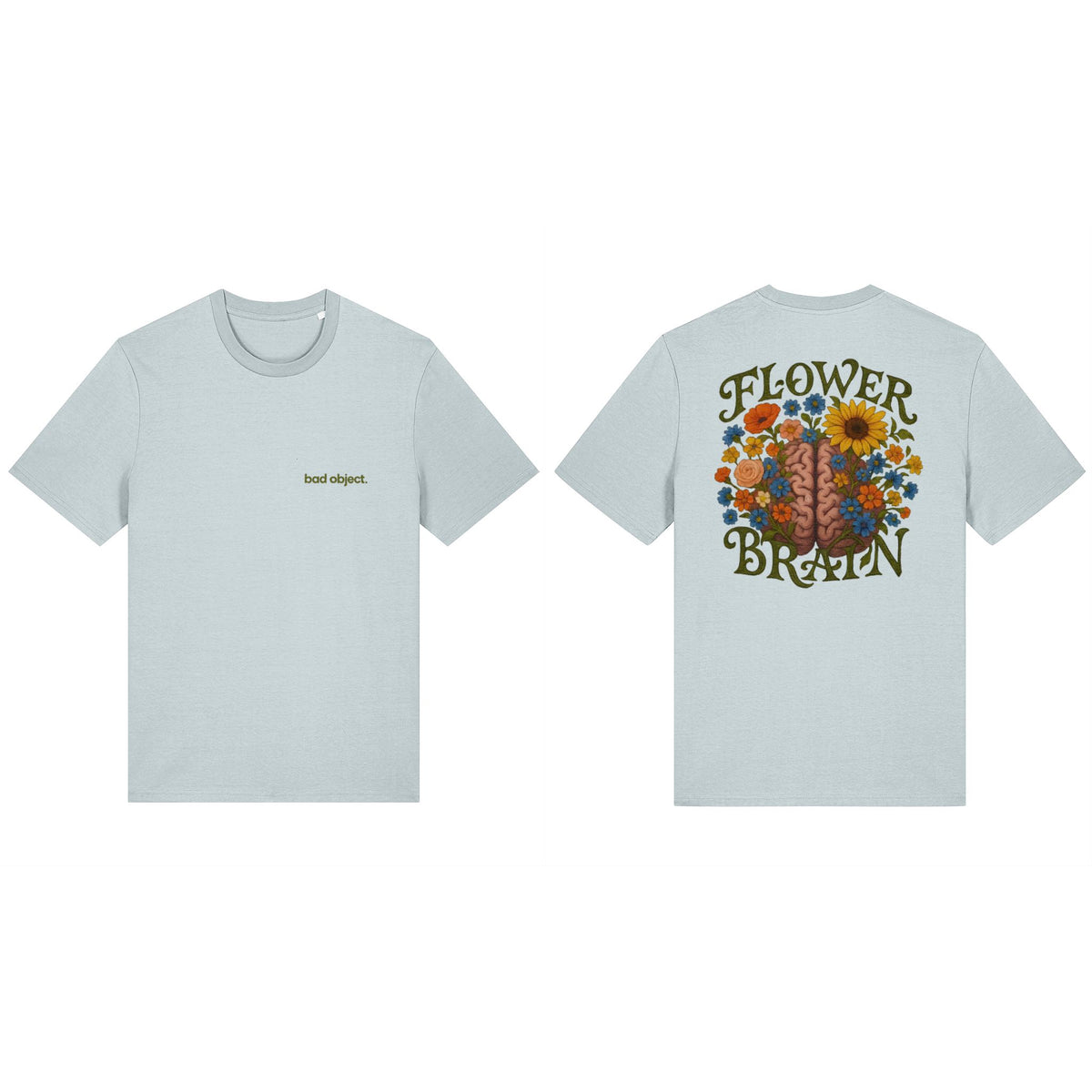 Flower Brain Blue Ice Classic T-shirt, combined front and back views showing both original print designs