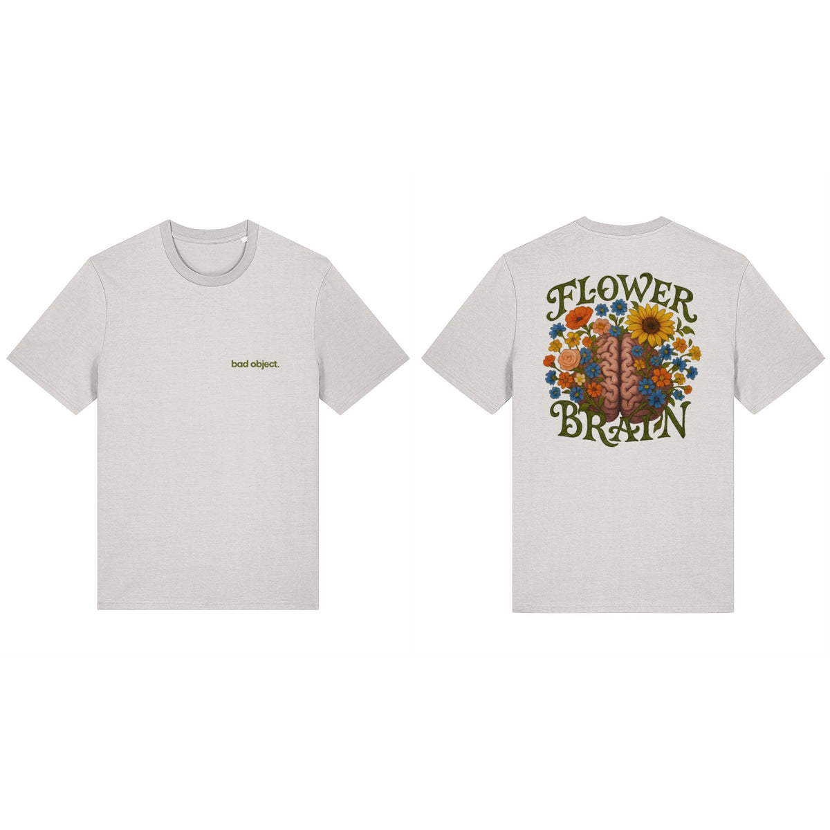 Flower Brain Off White Classic T-shirt, combined front and back views showing both original print designs